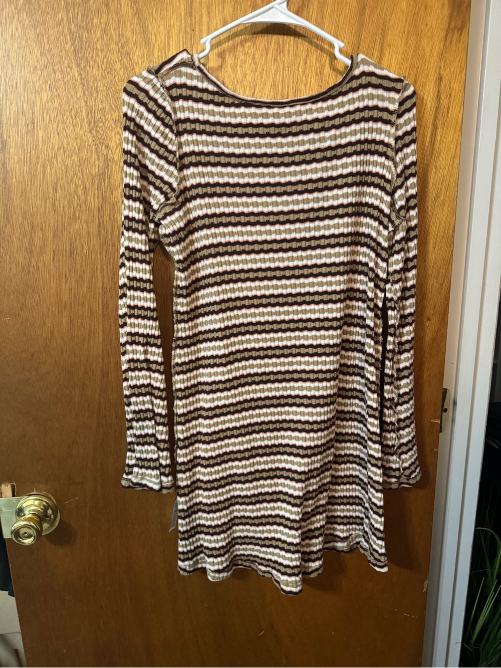 Old Navy Ribbed Long-Sleeve Striped Dress in Brown and Cream